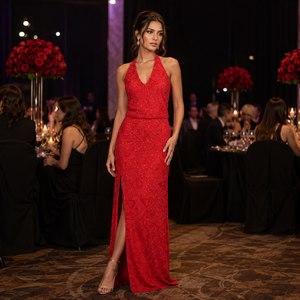 Luxury Red <b>Sequin</b> Halter Neck Evening Gown for Women Sleeveless Formal Party Dress High Slit Prom Wedding Guest Maxi Outfit - Product Image 4