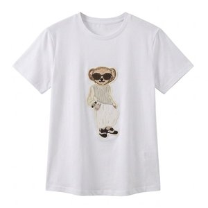 Camisetas de Manga Corta de Algodón Puro con Cuello Redondo y Bordado de Osito, Estilo Coreano, Novedad de Verano, Venta al por Mayor para Mujer - Product Image 2