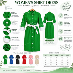 Robe chemise verte Cosh International Sorority Sisterhood avec poignets et ceinture blancs, couleur contrastée, longueur midi, style bureau pour femme - Product Image 6