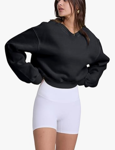 เสื้อสเวตเชิ้ตคอกลมสีดำทรงโอเวอร์ไซส์สำหรับผู้หญิง แขนยาว ทรงหลวม สวมใส่สบาย สีพื้น ผ้าฝ้าย 100% น้ำหนักปานกลาง เหมาะสำหรับฤดูใบไม้ร่วง - Product Image 1