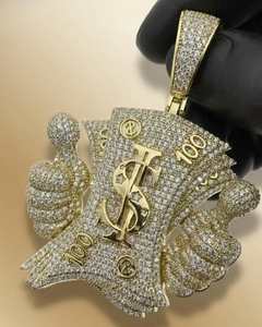 Colgante de plata 925 chapado en oro con moissanita de corte redondo, diseño de signo de dólar y manos con billetes, estilo Iced Out, bicolor, joyería Hip Hop - Product Image 3