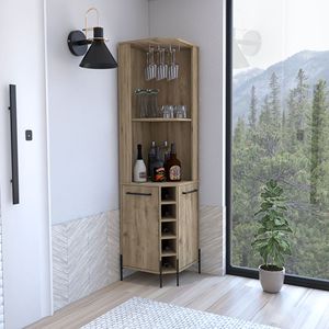 Mobile Bar Angolare a Due Ante in Macadamia con Cinque Portabottiglie Integrati, Quattro Ripiani Interni e Due Unità di Stoccaggio Indipendenti a Singola Anta - Product Image 1