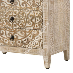 Luxury Handcrafted Solid Wood 3 Drawer Nightstand Ornate Mandala Jaali Carving Antique White Wash - Product Image 6
