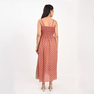 Vestido largo de gasa con estampado geométrico rojo, tirantes finos, cintura elástica, espalda fruncida, ropa informal de verano - Product Image 1