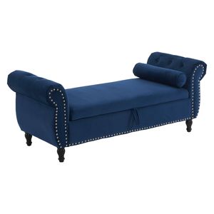 Panca Ottomana Rettangolare in Velluto Blu Navy con 1 Cuscino, Sgabello Multifunzionale con Contenitore e Pouf - Product Image 1