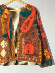 Women Brown Embroidered <b>Velvet</b> Suzani <b>Jacket</b> With Floral Pattern Boho Full Sleeve V-Neck Prairie Chic Style Winter Outerwear - Product Image 2