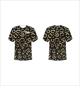 Custom Short Sleeve Sublimation T-Shirt Lightweight Athletic Apparel With Gold And Black Leopard Print Pattern Bulk Manufacturer - Product Image 1