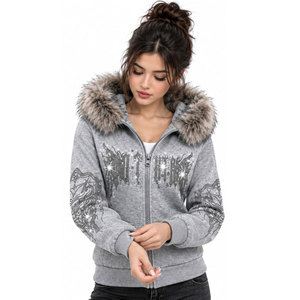 Sweat-shirt à capuche zippé pour femme avec bordure en fausse fourrure, imprimé pailleté, sequins, tricoté pour l'hiver, coupe classique, manches longues - Product Image 5