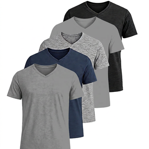 เสื้อยืดคอกลมแขนสั้นผู้ชาย สีพื้น ทรงปกติ ผ้าถักผสมฝ้ายลำลอง แพ็ค 5 ตัว สีเขียวอมฟ้า กรมท่า เทา แดง ดำ - Product Image 3