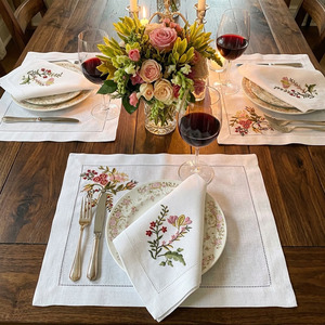 Embroidered Floral Linen <b>Place</b> <b>Mats</b> & Napkin Sets Classic Style Washable Hemstitch <b>Mats</b> Home Wedding Events <b>Table</b> Setting - Product Image 1