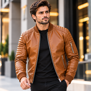Chaqueta Bomber de Cuero Vacuno Marrón para Hombre con Cuello Alto, Mangas Acolchadas, Cierres Metálicos, Estilo Moto, Diseño Casual - Product Image 2