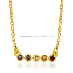 Collar con colgante de cadena de eslabones de múltiples piedras preciosas de Topacio Azul y amatista de Plata de Ley 925 chapado en oro de primera calidad para mujer - Product Image 3