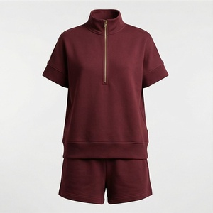 Women's 2 Piece <b>Knitted</b> Solid Color Short Sleeve Top and Above Knee Shorts <b>Set</b> with Stand Collar and Zipper Casual Wear - Product Image 1