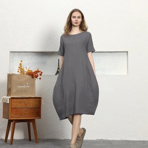 Bohemian Gray Plain Cotton Linen Maxi <b>Dress</b> With O-Neck <b>Loose</b> Fit Half Sleeve Summer Casual Midi <b>Dress</b> For Women - Product Image 2