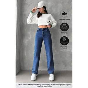 Jean en denim bleu pierre taille haute pour femme, coupe ample, extensible, doux, écologique, durable, décontracté, tailles 26-40 - Product Image 2