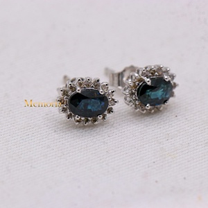 Wholesale 14K Solid White Gold Natural Oval Blue Sapphire Diamond <b>Halo</b> Cluster Prong Set Stud <b>Earrings</b> Fine Jewelry Memoria Jewe - Product Image 3
