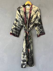 Bata tipo kimono de algodón con cuello en V y efecto tie-dye para mujer, bata larga de algodón estilo bohemio, kimono tie-dye hecho a mano, pareo ligero para la playa - Product Image 3