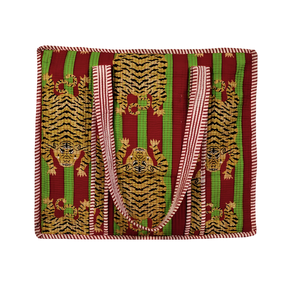 Handmade canvas Print Tiger Striped <b>Tote</b> <b>Bag</b> with <b>zip</b> - Red & Green - Product Image 1