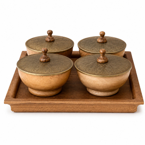 Ensemble de service de luxe à 3 bols avec couvercle et plateau en bois, en acier inoxydable martelé, pour fruits secs, noix, dattes et condiments, idéal pour le Ramadan - Product Image 5