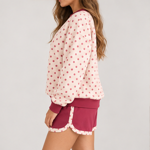 Conjunto de 2 Piezas para Mujer, Color Rosa Pálido, Cuello Redondo con Puntos Invertidos, Shorts, Ropa Deportiva Informal Personalizada - Product Image 4