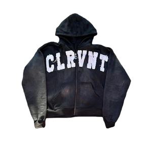 Sweat à capuche zippé court pour femme en coton/élasthanne, coupe-vent d'hiver, en polaire, avec broderie frontale effet vieilli, délavage acide et patch brodé délavé - Product Image 5