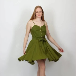 Nouvelle arrivée, robe de demoiselle d'honneur en coton, mini, coupe A, sans manches, été, avec poches - Product Image 1