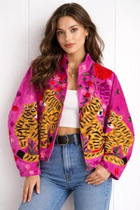 Bata de mujer con cuello en V, 100% algodón, reversible, con bordado floral azul, tipo kimono largo, con cinturón, para estar en casa, hecha a mano - Product Image 2