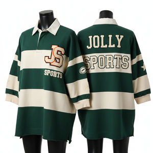 Maillot de rugby pour femme en jersey de coton épais vert forêt avec empiècements rayés blancs et patch en chenille, logo personnalisé. Maillot de rugby pour femme en coton. - Product Image 1