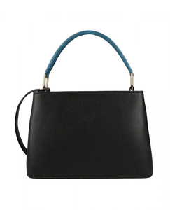 Bolso de Mano Clásico de Cuero Genuino Negro con Asa Azul, Bolso Tote de Uso Diario para Mujer, Cierre de Solapa, Textura Saffiano - Product Image 3