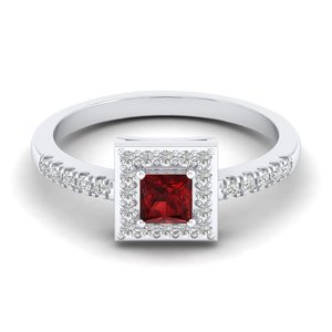 Bague REYES de haute qualité en or massif 14 carats, pierre précieuse grenat rouge taille princesse 0,31 carat avec halo de diamants, pour femme, bijoux fins - Product Image 5