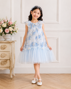 Vestido de Fiesta de Tul Azul con Estampado Floral para Niñas, con Adorno de Lazo de Perlas, Estilo Dulce con Dobladillo de Tul en Línea A, para Primavera - Product Image 4