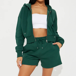Ensemble sweat-shirt à capuche et short en polaire pour femme, 2 pièces, vert uni, vêtements de sport décontractés, fermeture éclair sur le devant, coupe régulière, longueur au-dessus du genou - Product Image 2