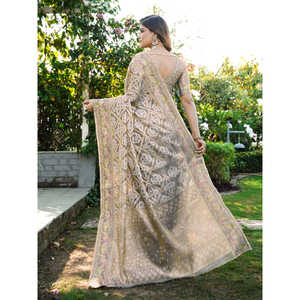 Sari de soirée élégant pour femme en organza gris tissé Zari Patola, protection solaire réversible, 600g, collection Elite Weaves - Product Image 4