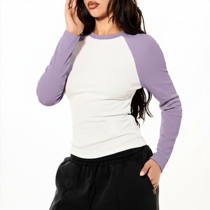 Premium Sale Crew Neck Knitted Slim Fit Women's Color Blocked <b>Raglan</b> Sleeve Casual <b>Top</b> Spandex Cotton Breathable Women T-Shirt - Product Image 1
