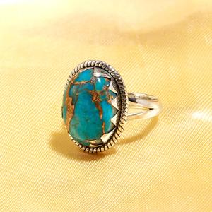 Oval Blue Copper Turquoise Gemstone Bezel Setting <b>925</b> Sterling <b>Silver</b> Classic <b>Silver</b> Plated <b>Ring</b> Wedding Gift Party Unisex - Product Image 2