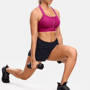 Women Solid Pink Sports Bra Zipper Front Halter V-neck Seamless Breathable Crop <b>Top</b> High Waist Shorts Yoga Set Workout - Product Image 1