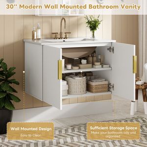 Mobile Bagno Vintage da 30 Pollici con Lavabo Singolo in Ceramica a 3 Fori, 2 Armadietti con Chiusura Ammortizzata, Stile Retrò - Product Image 6