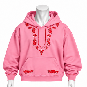 <b>Pink</b> Indus Embroidered Pullover Hoodie Decorative Floral Stitch Kangaroo Pocket Oversized Casual Streetwear Winter <b>Sweatshirt</b> - Product Image 1