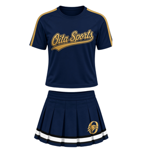 Ensemble uniforme de cheerleading bleu marine et or, chemise à manches courtes, jupe plissée, tenue de sport d'équipe, entraînement, performance, compétition - Product Image 1
