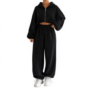 Women 2 Piece Tracksuit Set Hooded Zipper <b>Crop</b> <b>Top</b> Regular Sweatpants Full Length Solid Black Casual Winter 100% Cotton Quick - Product Image 1