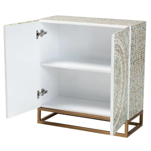 Handcrafted <b>black</b> and white geometric chevron pattern <b>side</b> <b>cabinet</b> serving as a premium storage Capiz nightstand for bedroom - Product Image 2