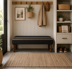 Farmhouse Black Upholstered <b>Wooden</b> Bench <b>Wool</b> Jute Handmade Bedroom End of Bed Entryway Ottoman Rustic Accent Seating Bench - Product Image 4