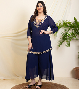 DEEBACO Ensemble 3 pièces Kurti Sharara décontracté en mélange de soie, longueur cheville, avec haut intérieur en satin imprimé, grande taille, col en V, 3/4 - Product Image 5