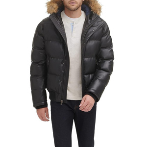 <b>Men's</b> Black PU Hooded Puffer Jacket With <b>Fur</b> Collar Windproof Down Filled Casual Winter <b>Coat</b> Regular Fit Zipper Closure - Product Image 1