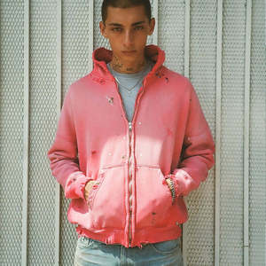 Sudadera con capucha oversize rosa con efecto teñido, con cremallera, de felpa francesa, unisex, corte regular, diseño con bolsillos, estampado por pulverización, estilo urbano de otoño - Product Image 6