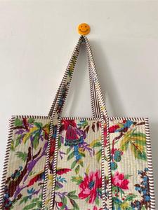 Handmade <b>White</b> Floral Quilted Cotton Tote <b>Bag</b> with <b>Hand</b> Block print Bohemian Style Open Casual Shopping Tote <b>Bag</b> for Women - Product Image 2