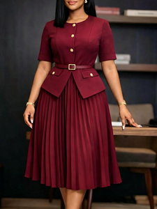 SE11450 Africa Summer New Round Neck Pleated Faux Two-Piece Solid Color Plus Size Dress - Product Image 2