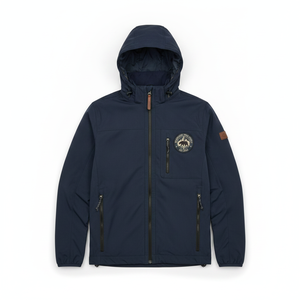 Men's Navy Hooded <b>Waterproof</b> PU <b>Jacket</b> Casual Autumn Zipper Closure Solid Color Front Logo Design - Product Image 1