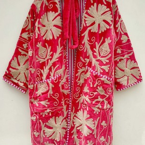 Long Boho Suzani Robe Ethnic Embroidered <b>Velvet</b> Floral Kimono <b>Coat</b> Vintage Duster Festival Wear - Product Image 3
