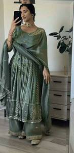 Green Indian Pakistani <b>Suit</b> <b>Women's</b> Floor-Length Loose Fit Embroidered Dress Wedding Wear - Product Image 2